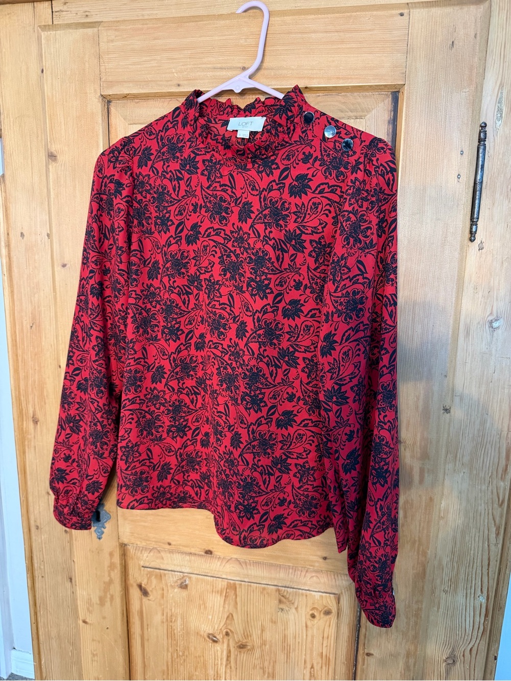 LOFT Red Blouse w/Black Floral Print & Neck Ruffle Sz Small Very Cute